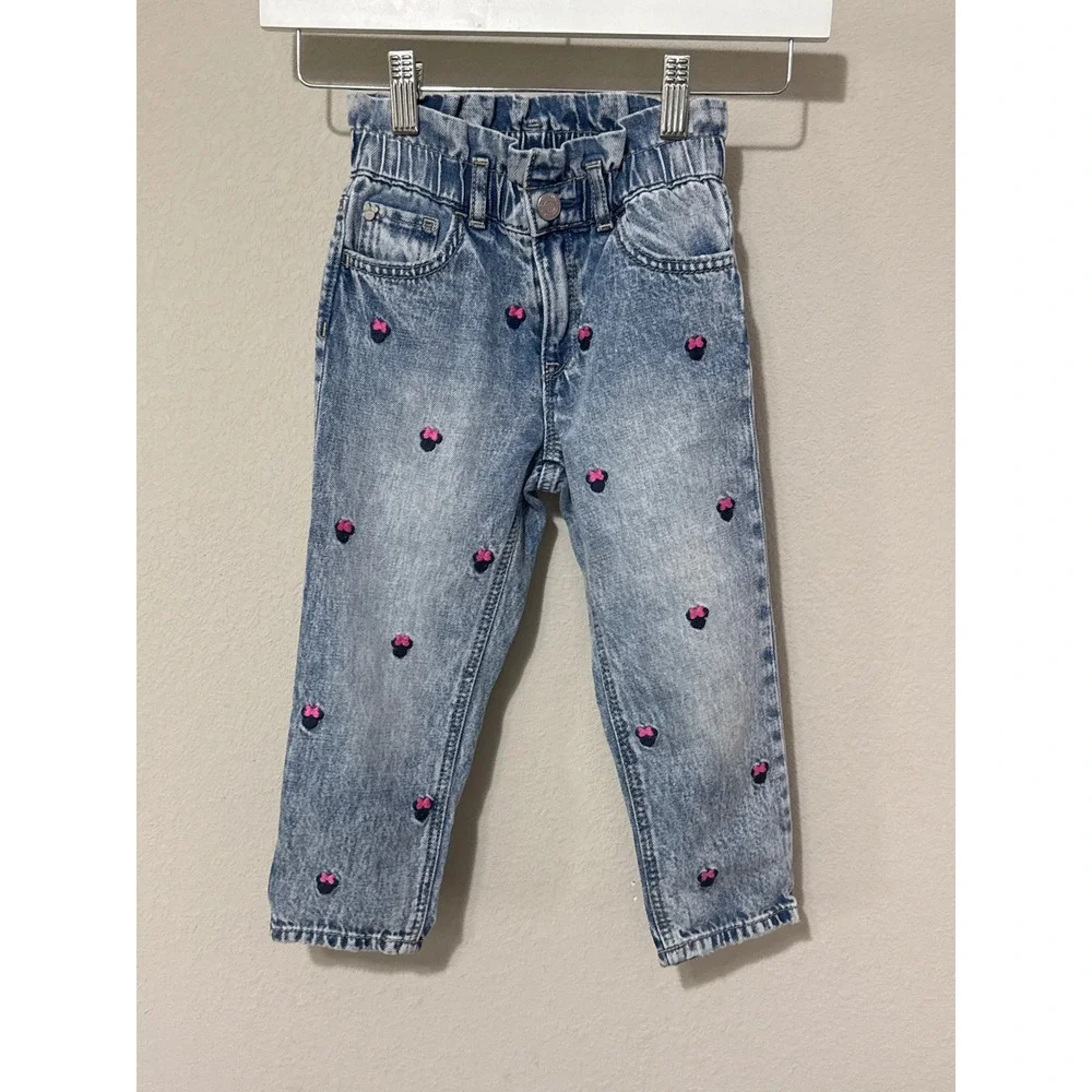 Gap Disney Minnie Mouse Jeans Girls 4 Blue Acid Wash Paperbag Waist Embroidered